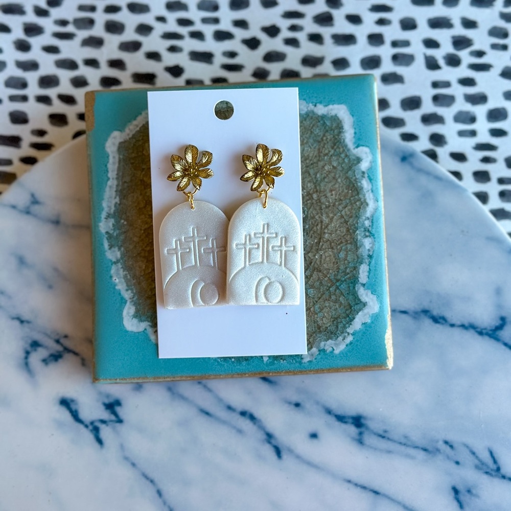 White and Gold Cross Earrings